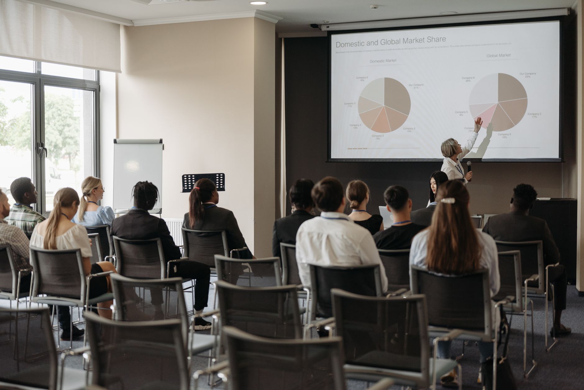Corporate meeting Room displaying television rating presentation